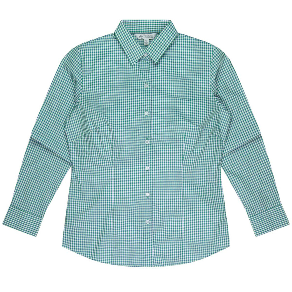 A green and white check button-up long sleeve shirt with a collar. It features a branding logo.
