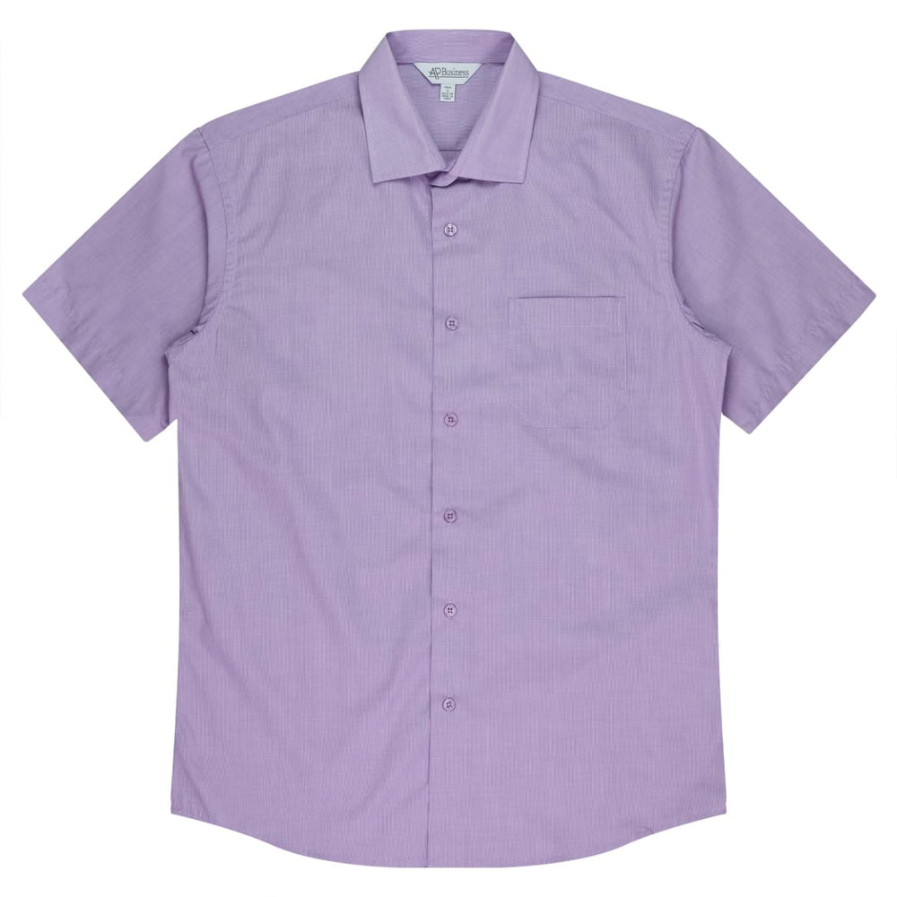 A short sleeve button-up shirt in light purple with a chest pocket and a brand logo present.
