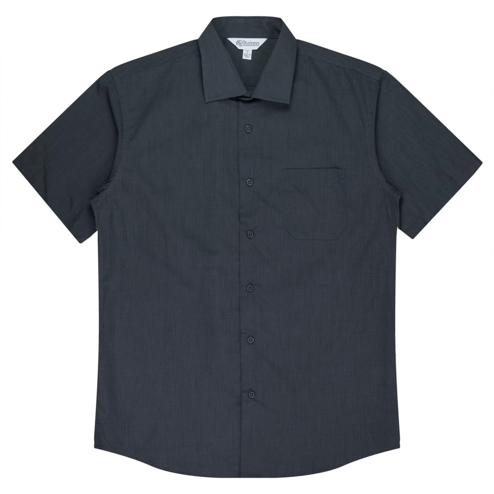A short-sleeve button-up shirt in a dark grey colour with a chest pocket and an additional branding label.