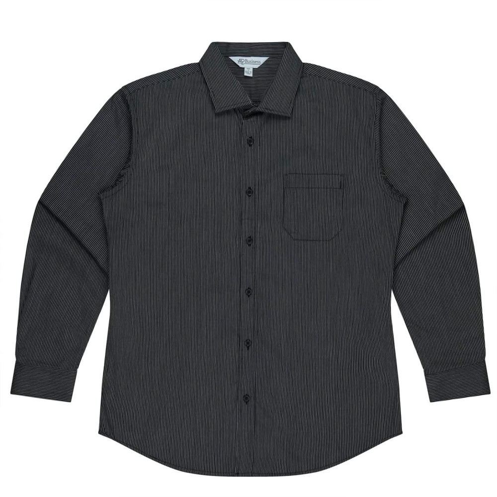 A long sleeve button-up shirt in dark grey with a subtle striped pattern and a front pocket. Features branding.