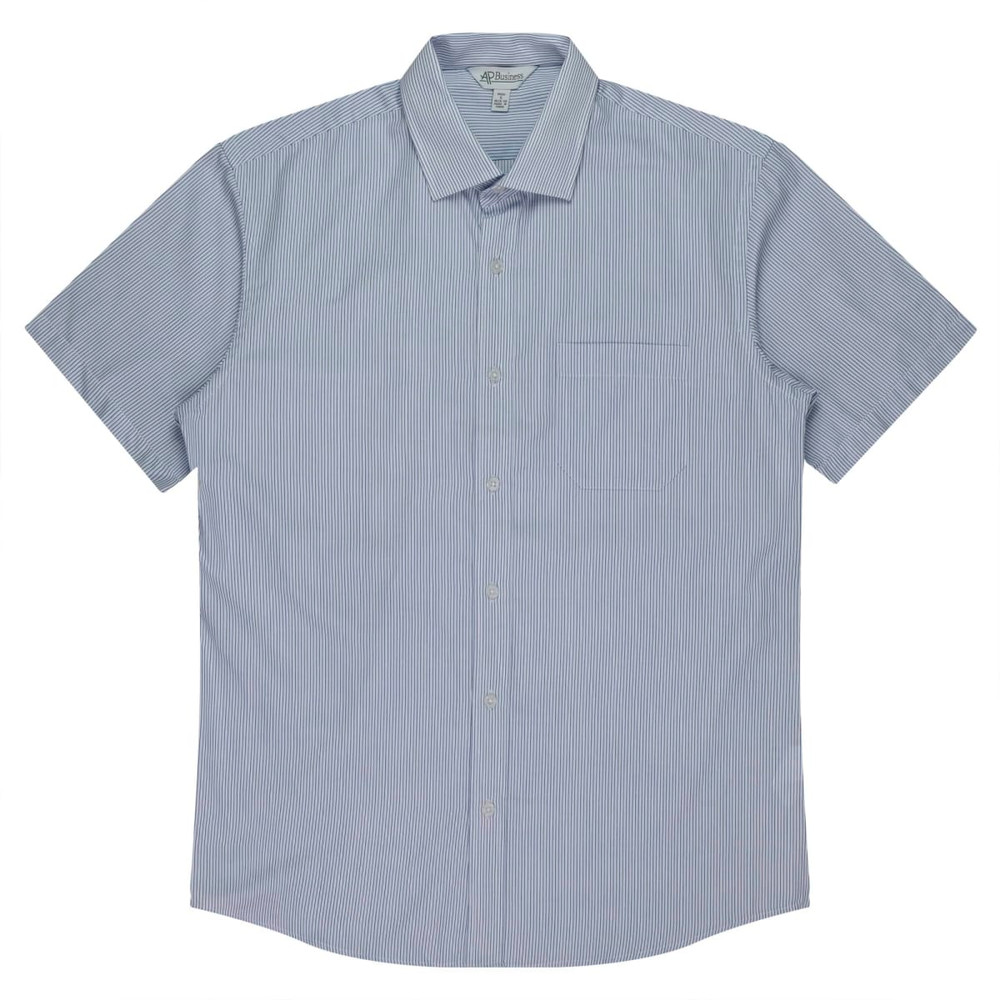 A short sleeve button-up shirt in a blue and white striped pattern, featuring a chest pocket and a collar.