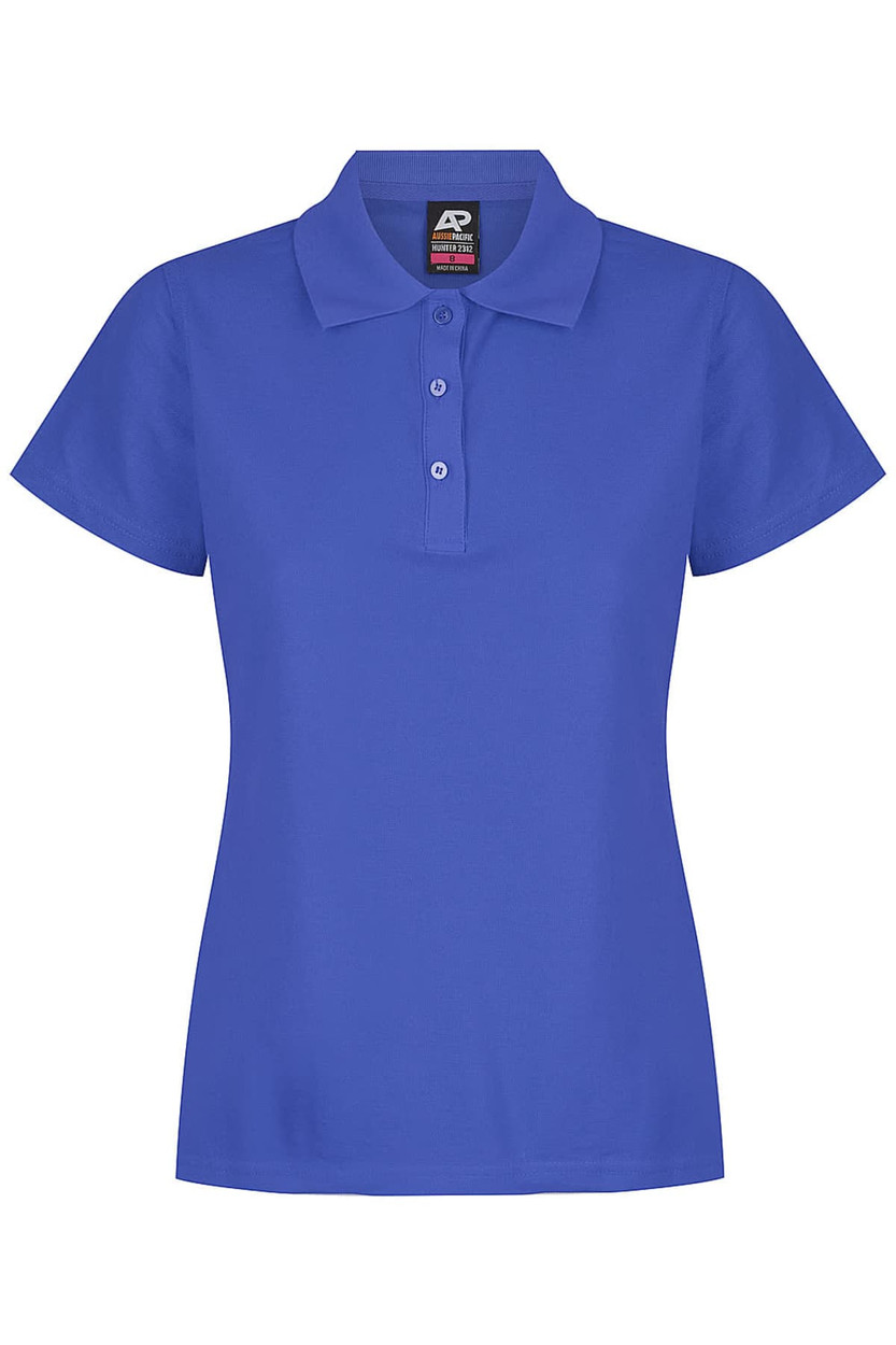 A women’s polo shirt in a vibrant blue colour with a classic collar and three-button placket. It features a logo.