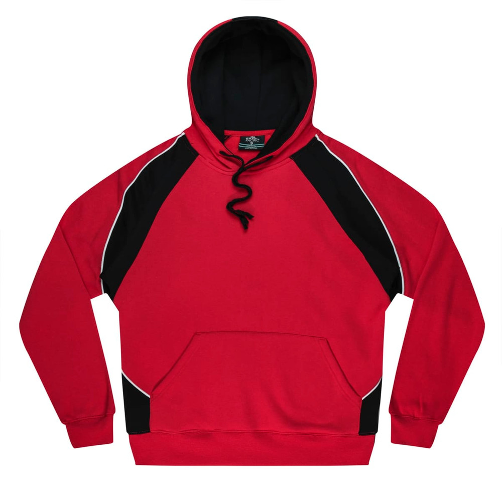 A red and black hoodie with a front pocket and hood. Features contrasting sleeves and a logo.