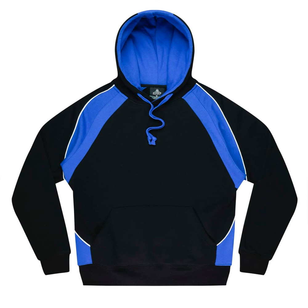 A black hoodie with blue accents and a blue inner hood. It features a logo and a drawstring at the neck.