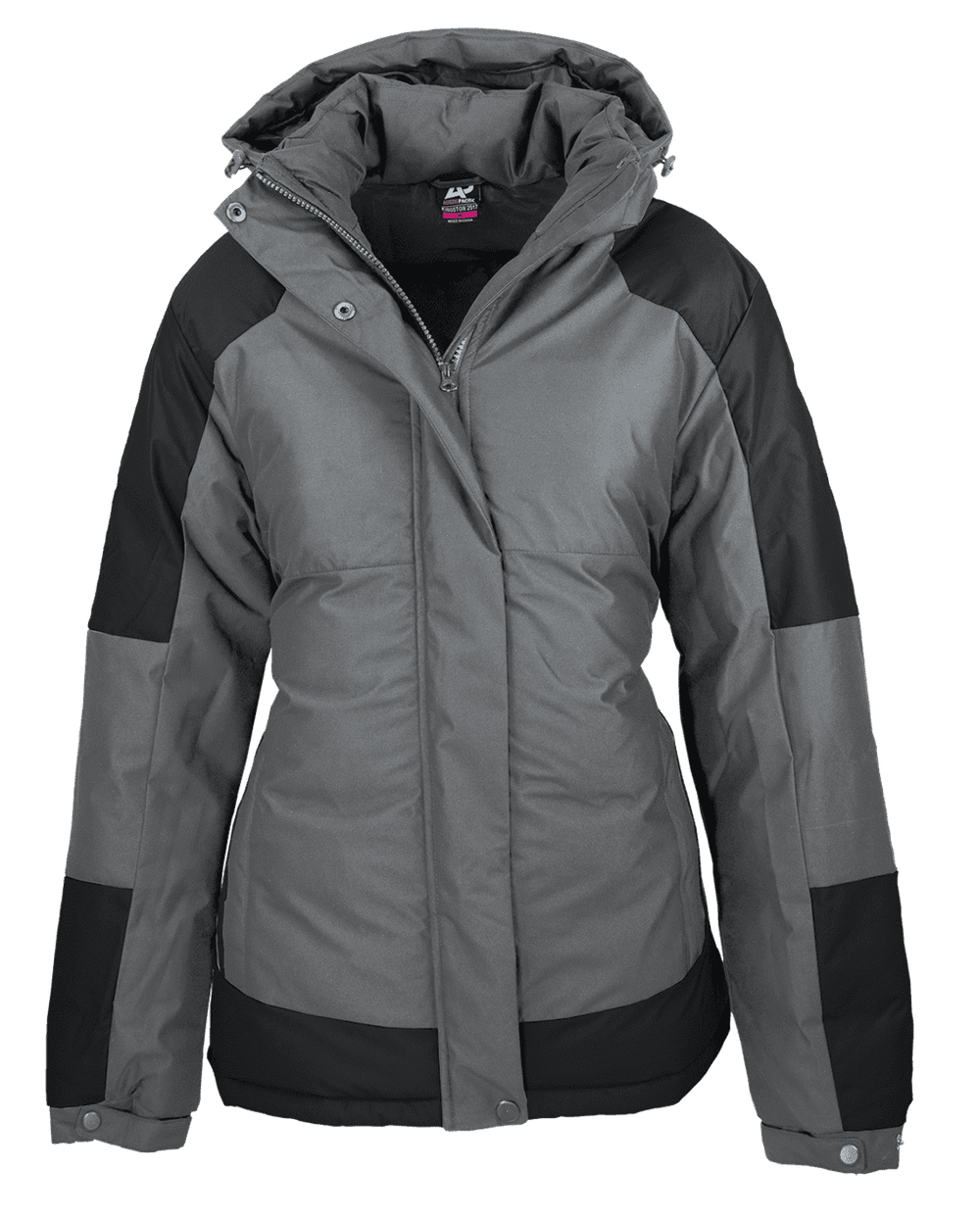 A women's jacket in grey with black accents, featuring a hood and zippered front, with branding.