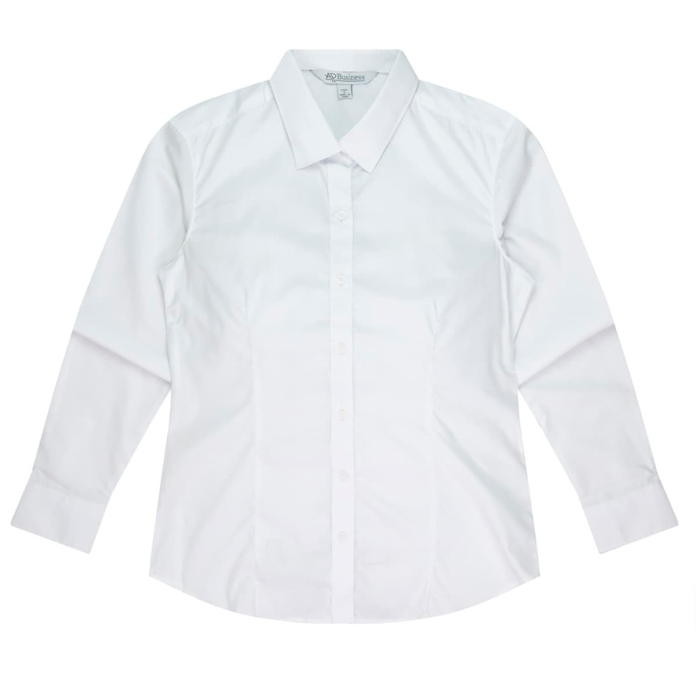 A long sleeve button-up shirt in white, featuring a collar and a branded logo.