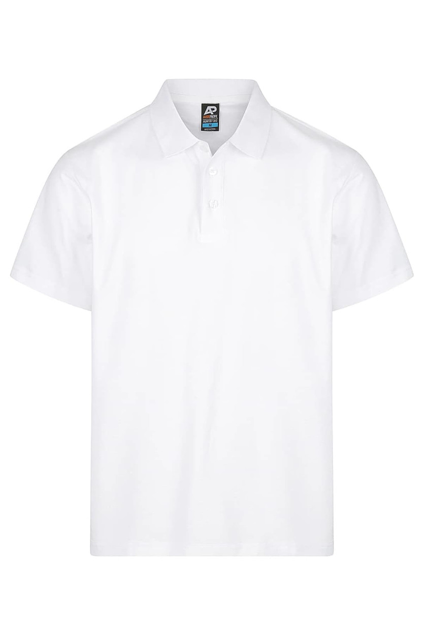 A white polo shirt with a collar and three-button placket, featuring an embroidered logo.