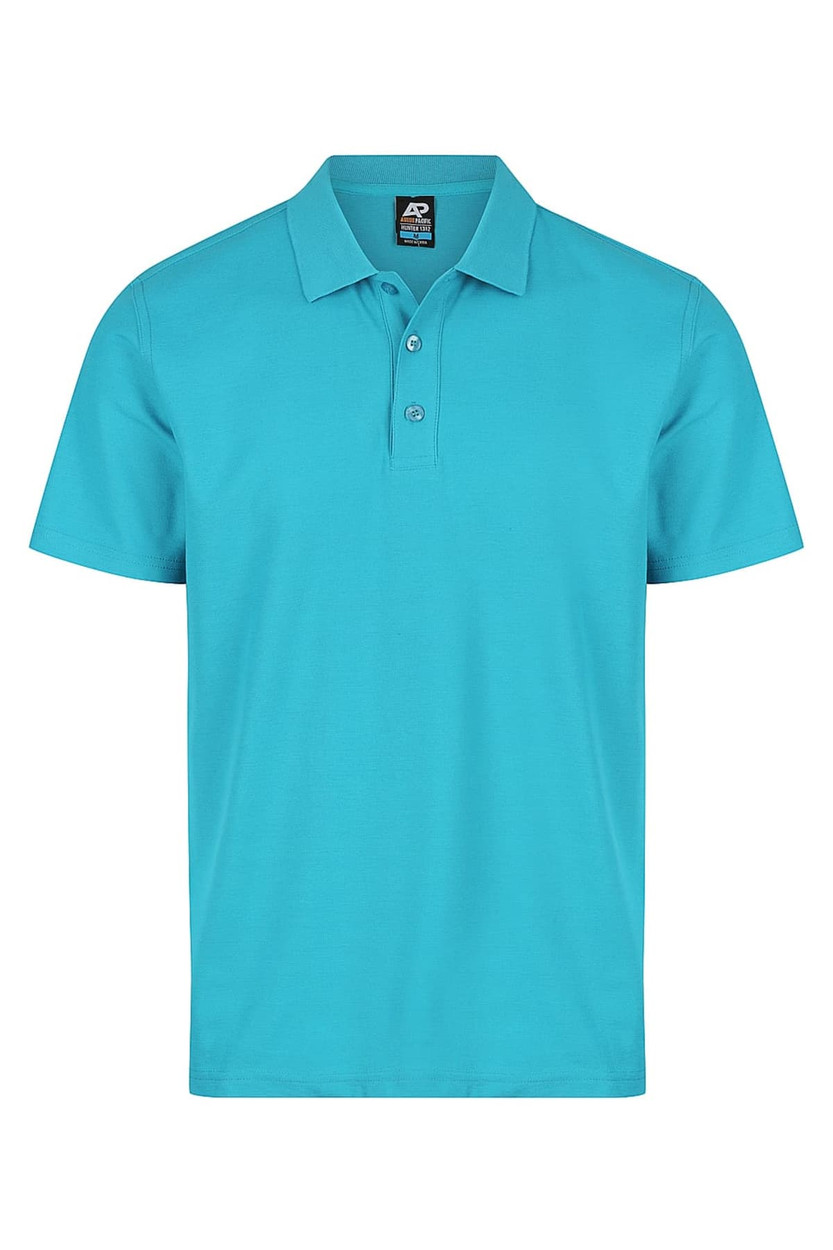 A turquoise polo shirt featuring a collar and three buttons, with a logo on the label.