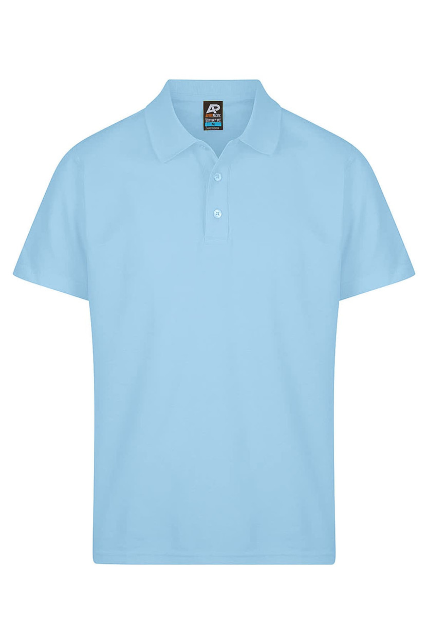 A light blue polo shirt with a collar and three buttons, featuring a logo on the label.