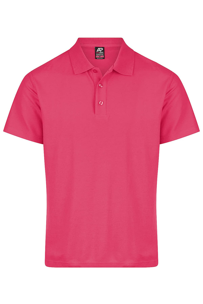 A pink polo shirt featuring a collar and three buttons, with a logo on the label.