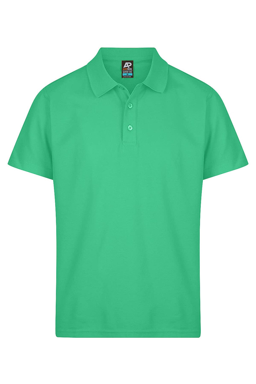 A green polo shirt with a collar and three buttons, featuring a logo in the neck area.