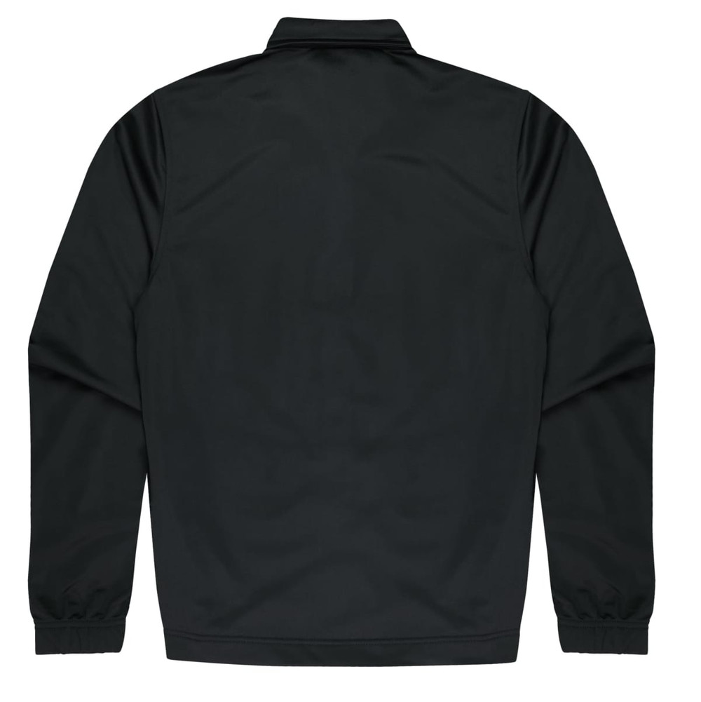 A black kids' jacket with a simple design and elastic cuffs, featuring a branding logo.