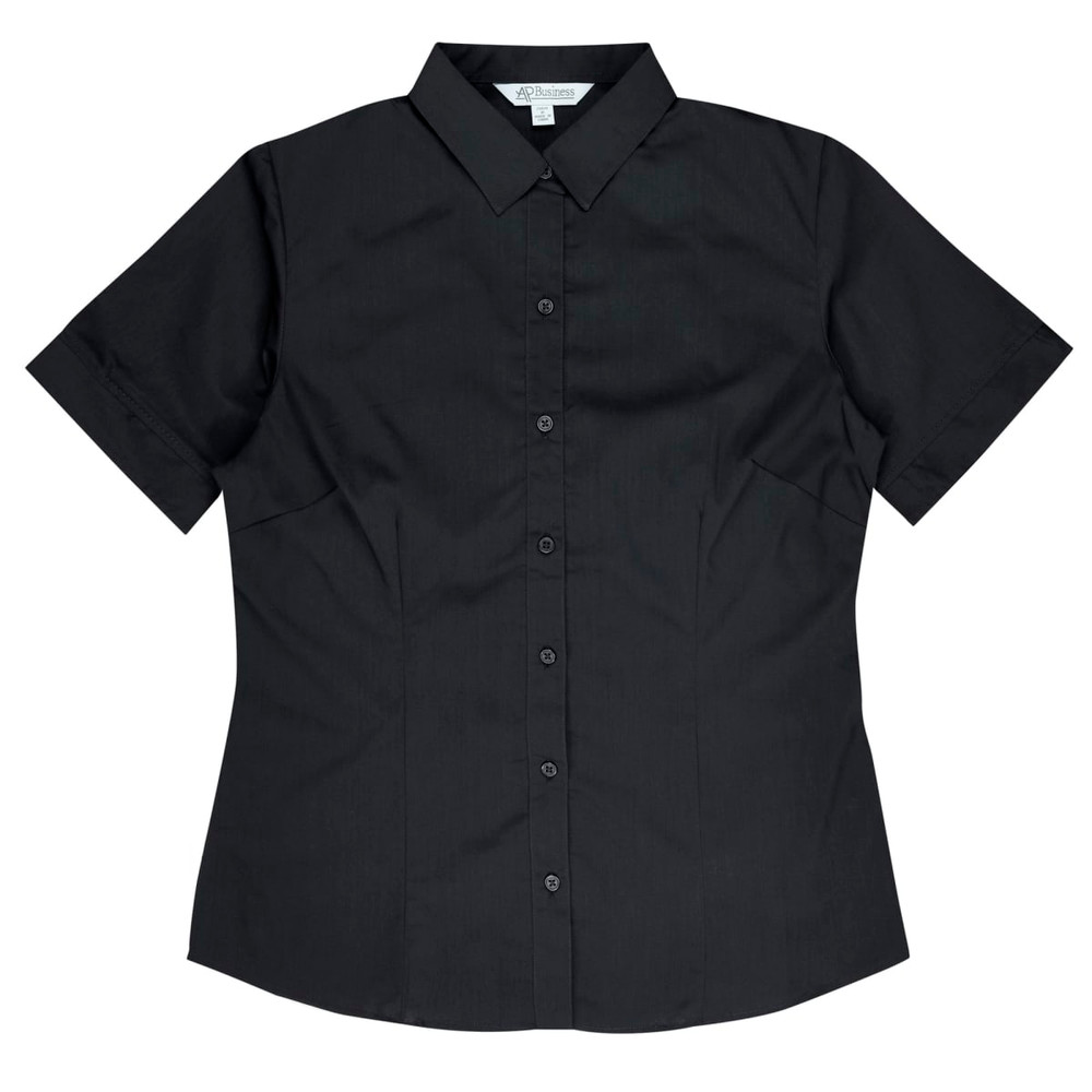 A short sleeve black button-up shirt with a fitted design and a collar, featuring a logo.