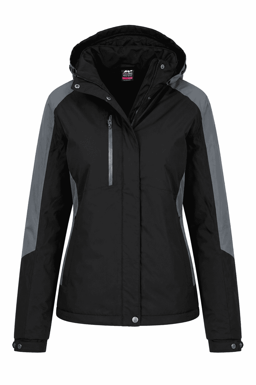 A black and grey jacket with a hood, featuring zip pockets and a logo. Suitable for various weather conditions.