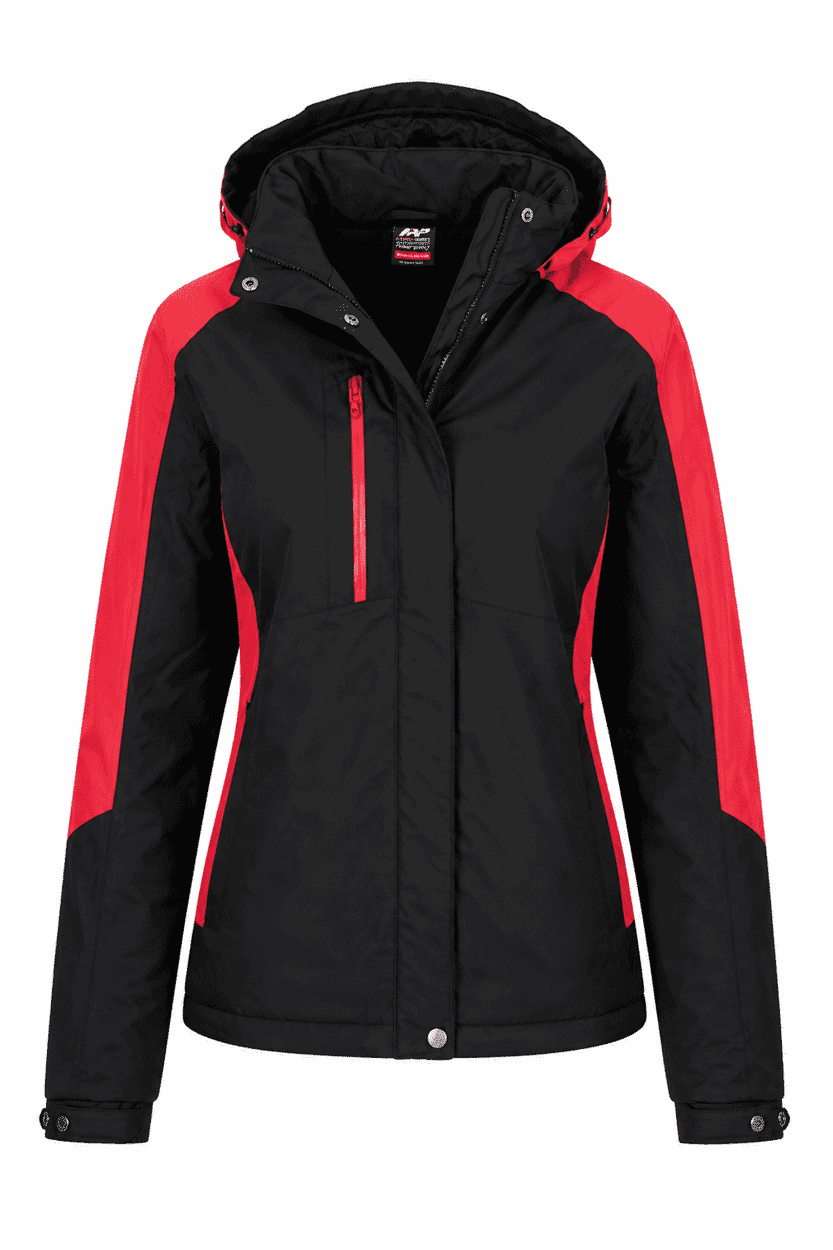 A black and red jacket with a hood, featuring a zippered pocket and a logo.