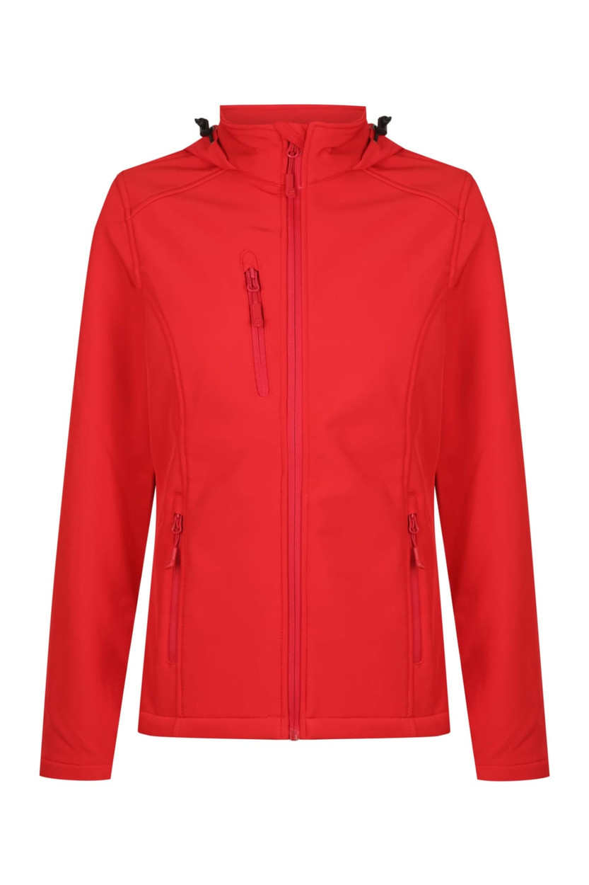 A red soft shell jacket featuring zippered pockets and a zip front, with a high collar. It includes a logo on the design.