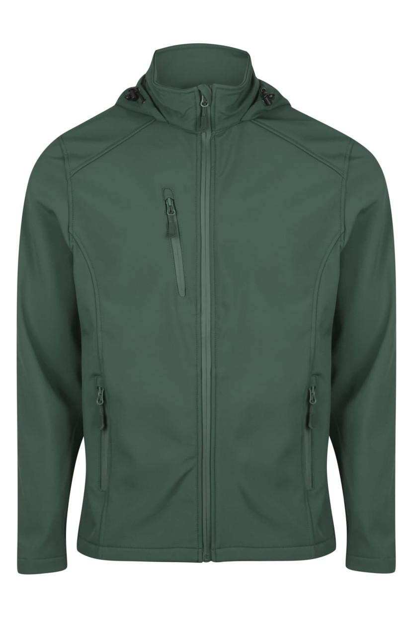 A green jacket with a full zipper and multiple pockets, featuring a hood and a branded logo.