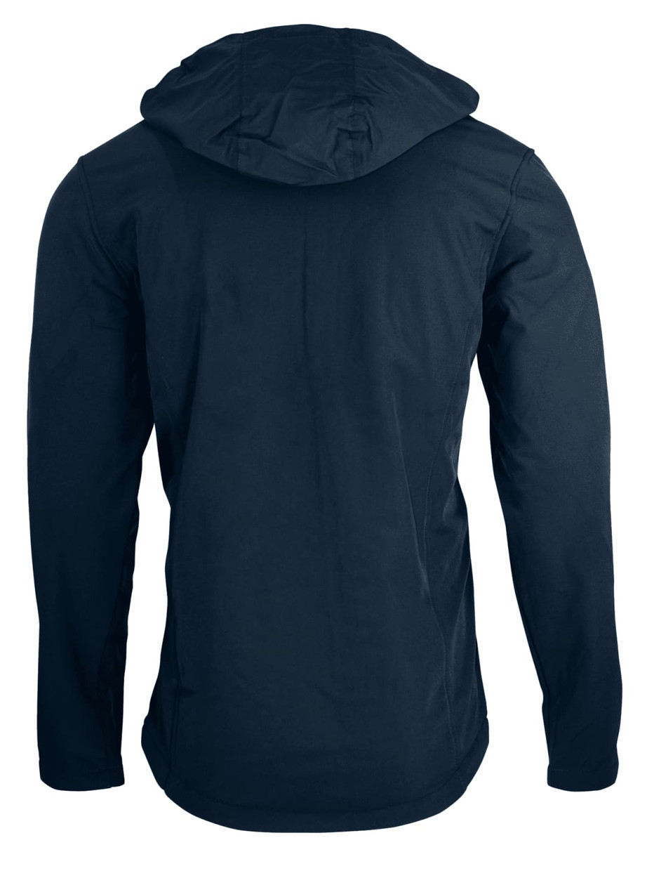 A dark navy soft shell jacket with a hood, featuring a simple design and no visible branding on the back.