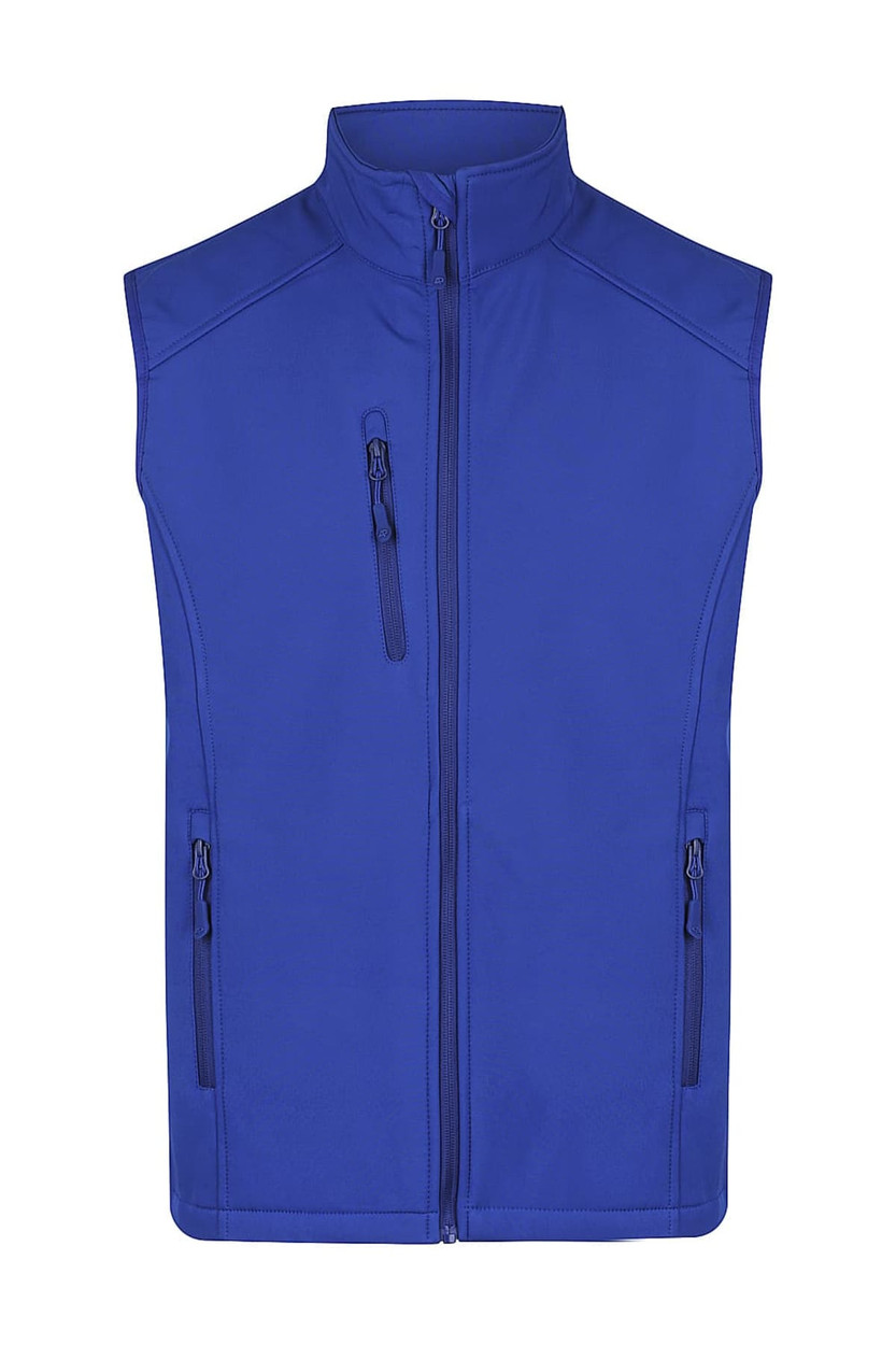 A blue work vest featuring three zippered pockets and a high collar, with a logo on the front.