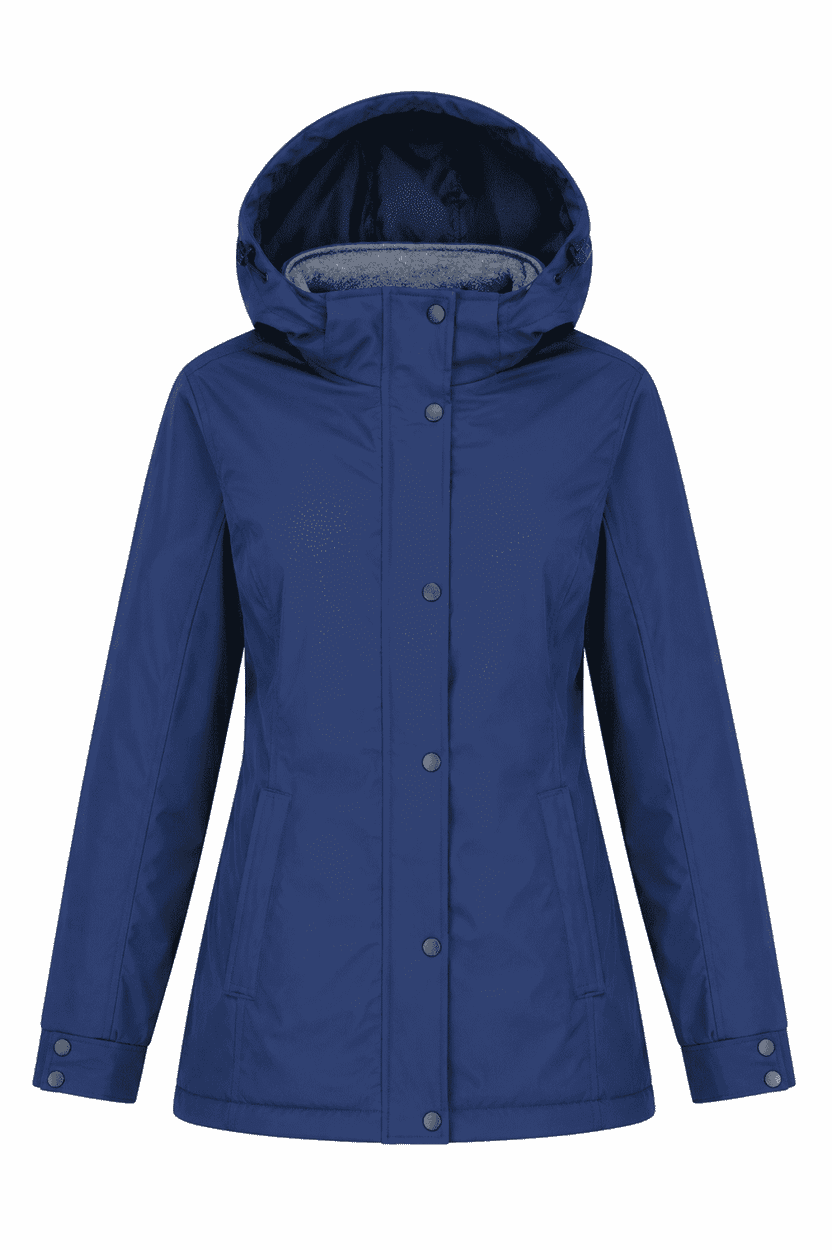 A navy blue jacket featuring a hood, front buttons, and side pockets, with a branded logo.