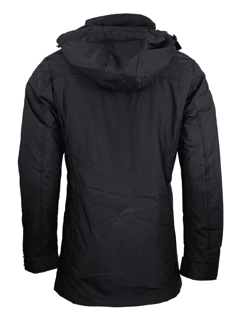 A black men's jacket featuring a hood and a zip-up design, with a logo on the back.