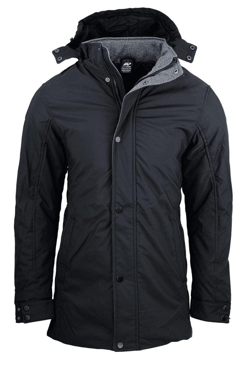 A black men's jacket with a hood and grey lining, featuring a button and zip closure. It has a logo on the fabric.