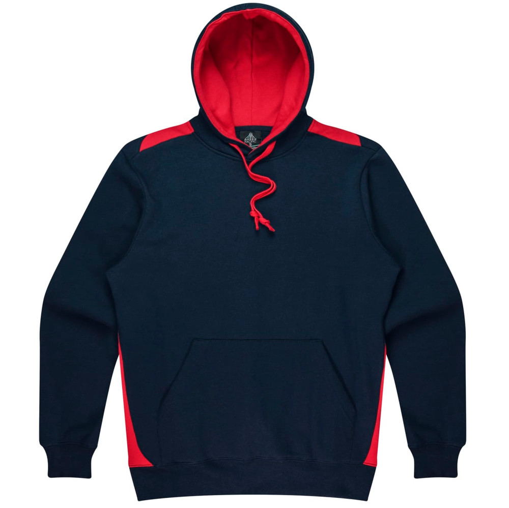 A navy blue hoodie with red accents and a front pocket, featuring a hood and drawstring, with a logo.