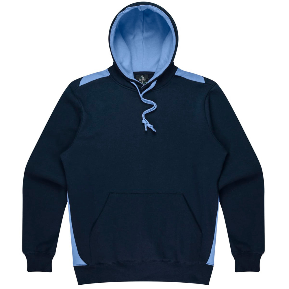 A navy blue hoodie with light blue accents, featuring a pouch pocket and a drawstring hood. It has a logo.