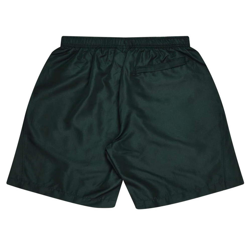 Dark green sports shorts featuring an elastic waistband and a back pocket. Includes branding on the garment.