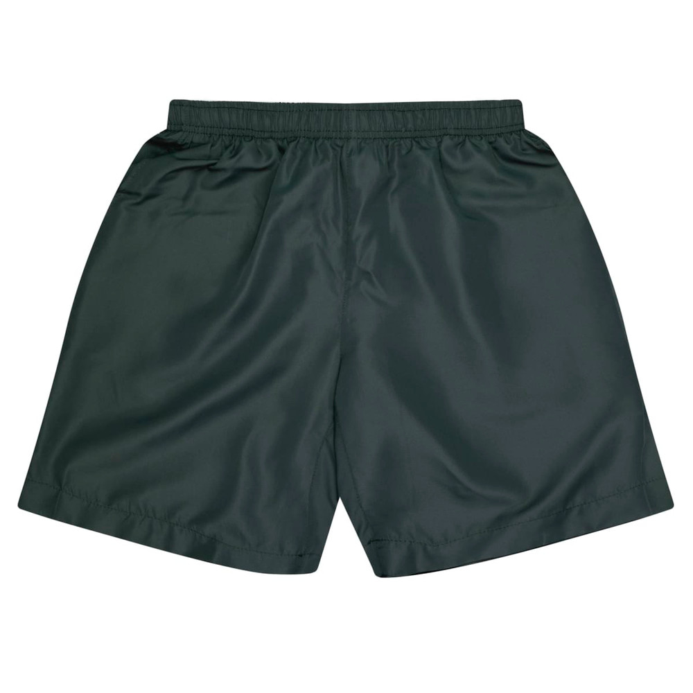 Dark green kids' sports shorts with an elastic waistband and a smooth finish, featuring a logo.