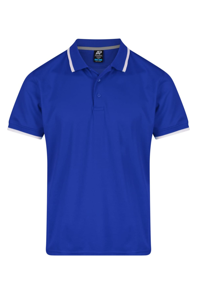 A blue polo shirt with white accents and a collar, featuring a logo on the left chest area.