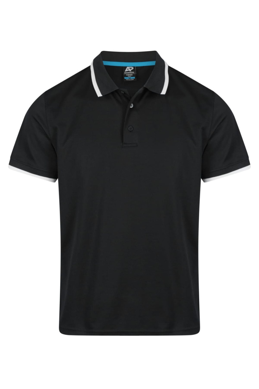 A black polo shirt featuring white stripe accents on the collar and sleeves, with a logo on the chest.