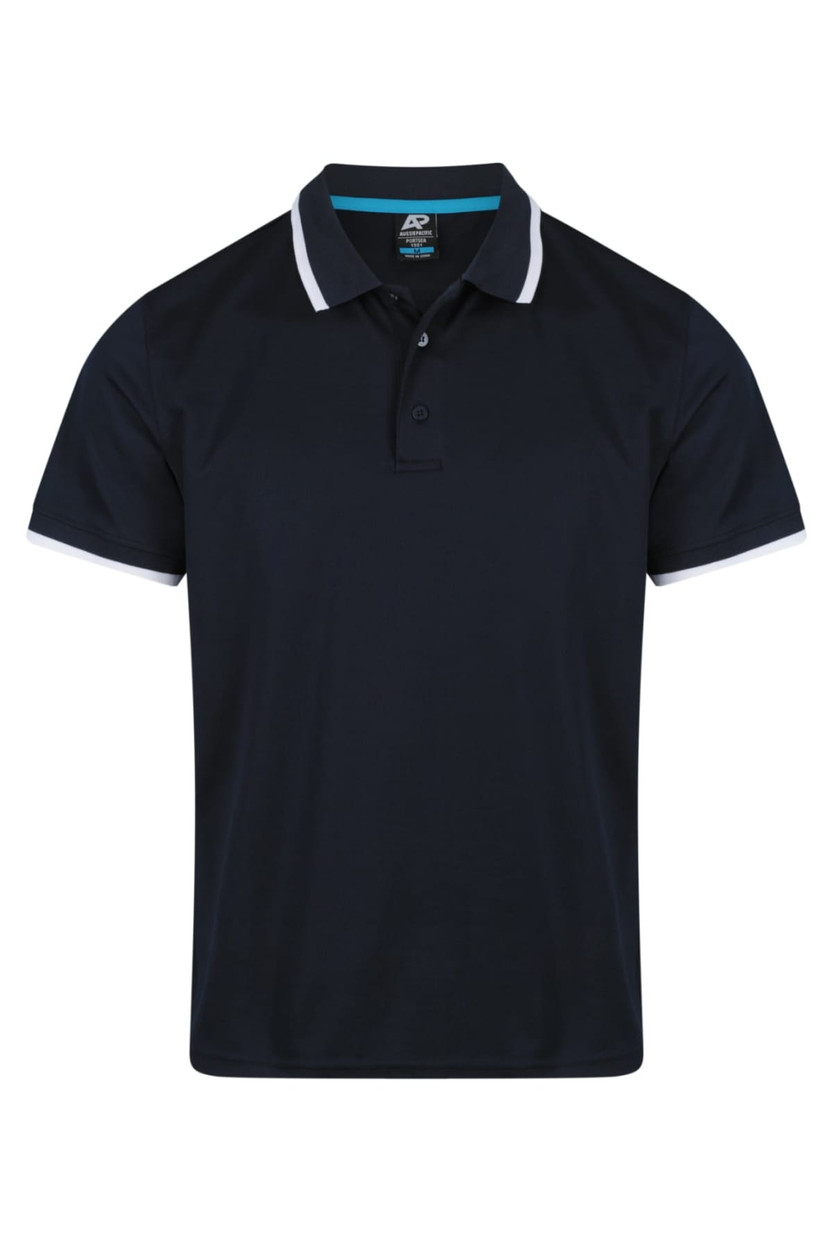 A navy blue men's polo shirt with white collar and sleeve accents, featuring a logo on the left side.