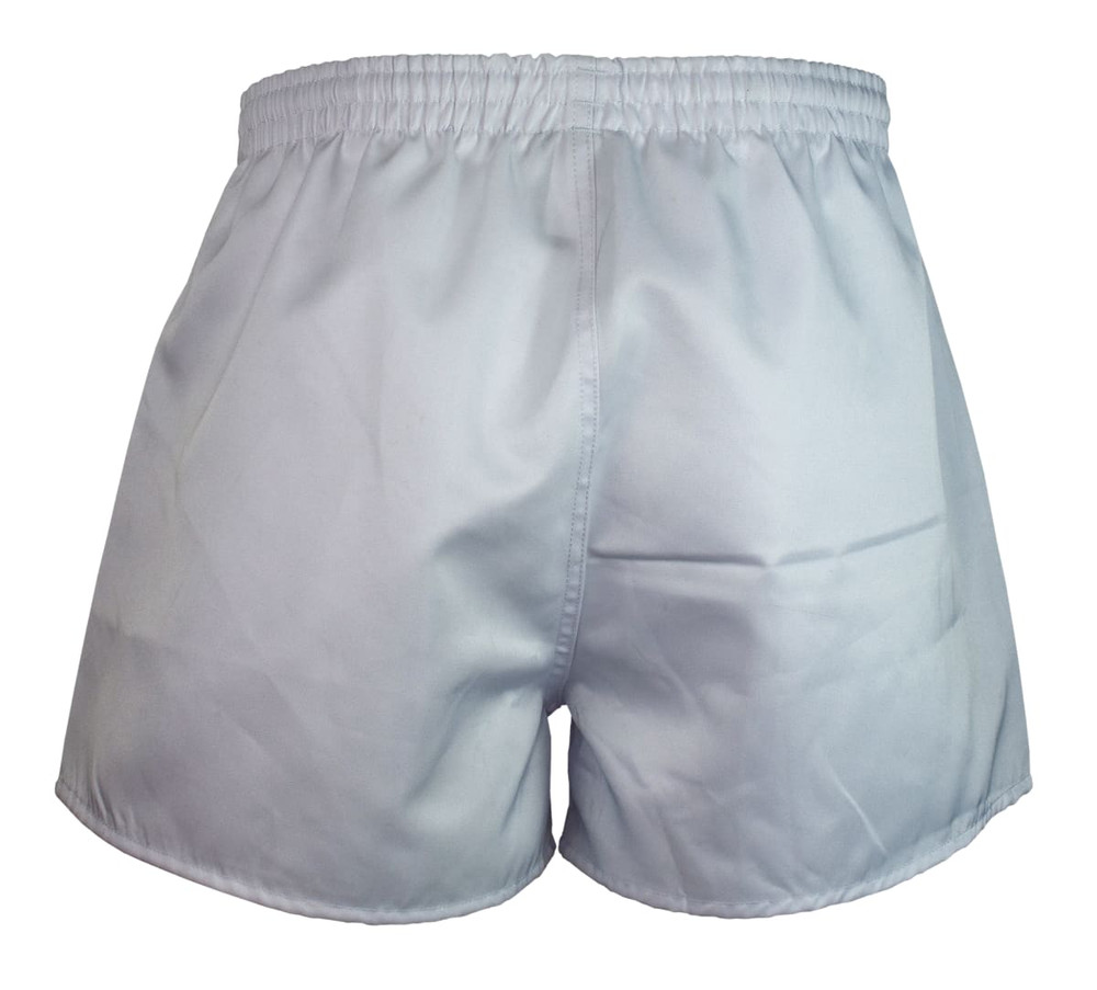 White rugby men's shorts featuring an elastic waistband and a simple design, with a logo on the side.
