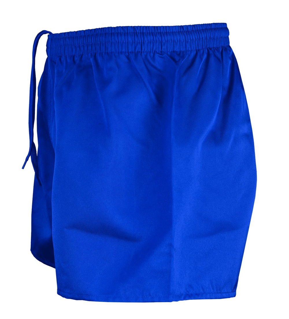 Blue rugby men's shorts with an elastic waistband and drawstring, featuring a logo on the side.