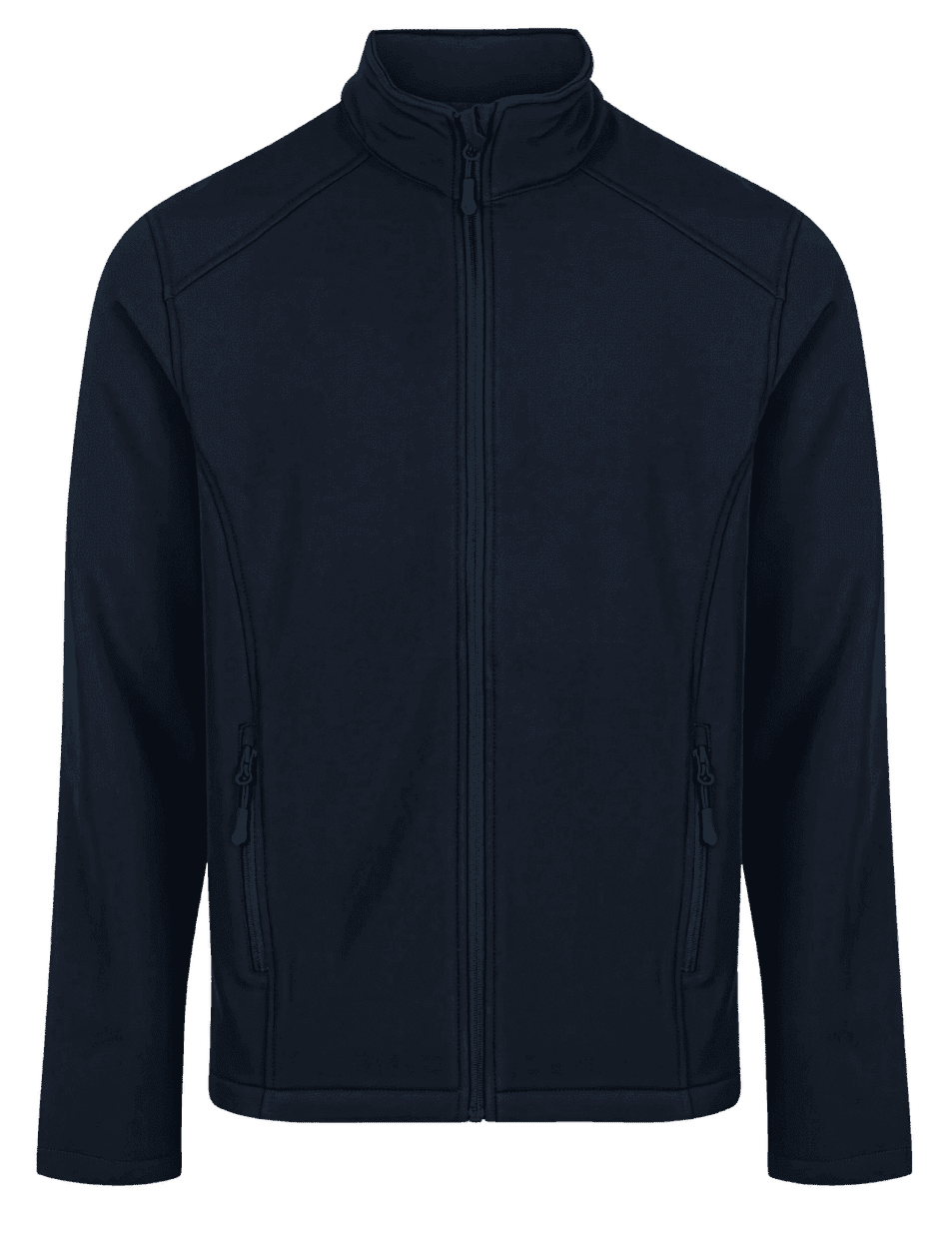 A navy soft shell jacket featuring a zip-up front and two side pockets, with a high neck design.