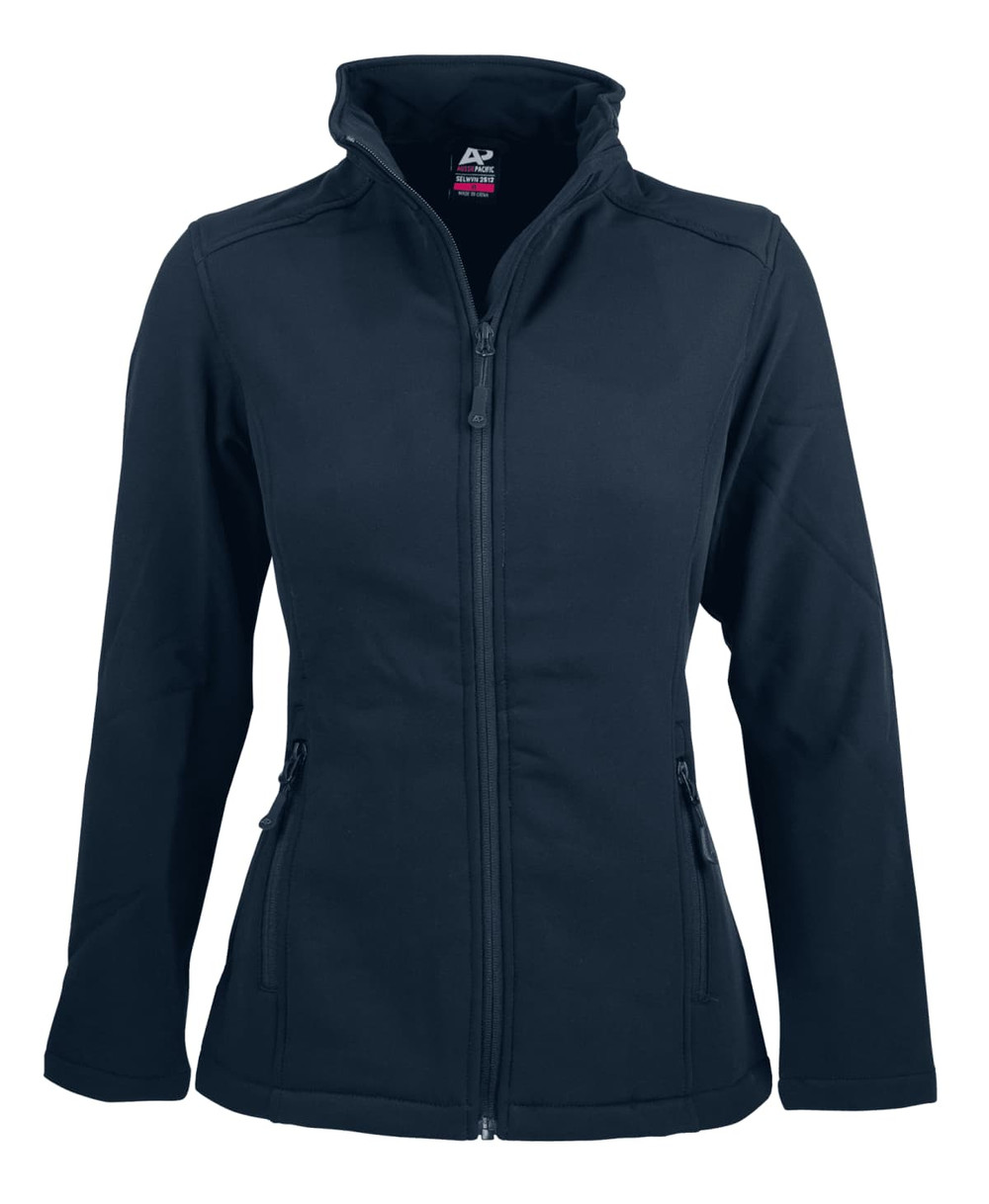 A soft shell jacket in navy blue with a zip front and side pockets, featuring a logo.