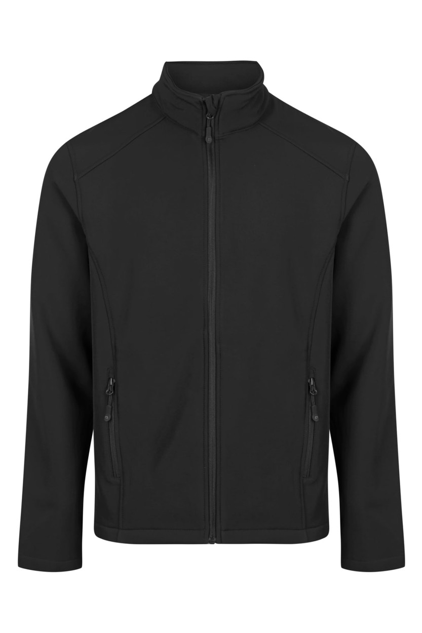 A black soft shell jacket with a zipped front and two side pockets, featuring a logo on the chest.