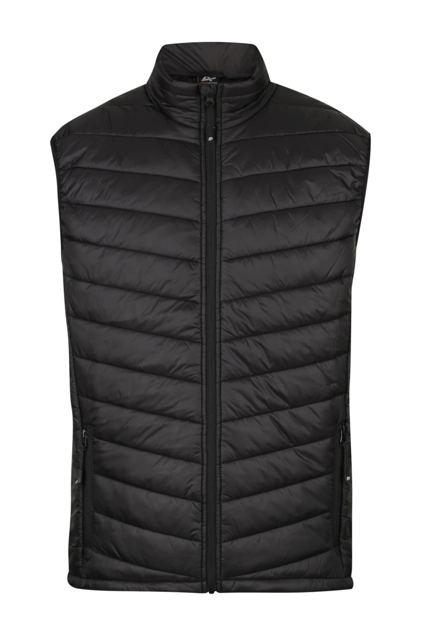A black insulated work vest with a quilted design and zippered pockets. It features a high collar and a branding logo.