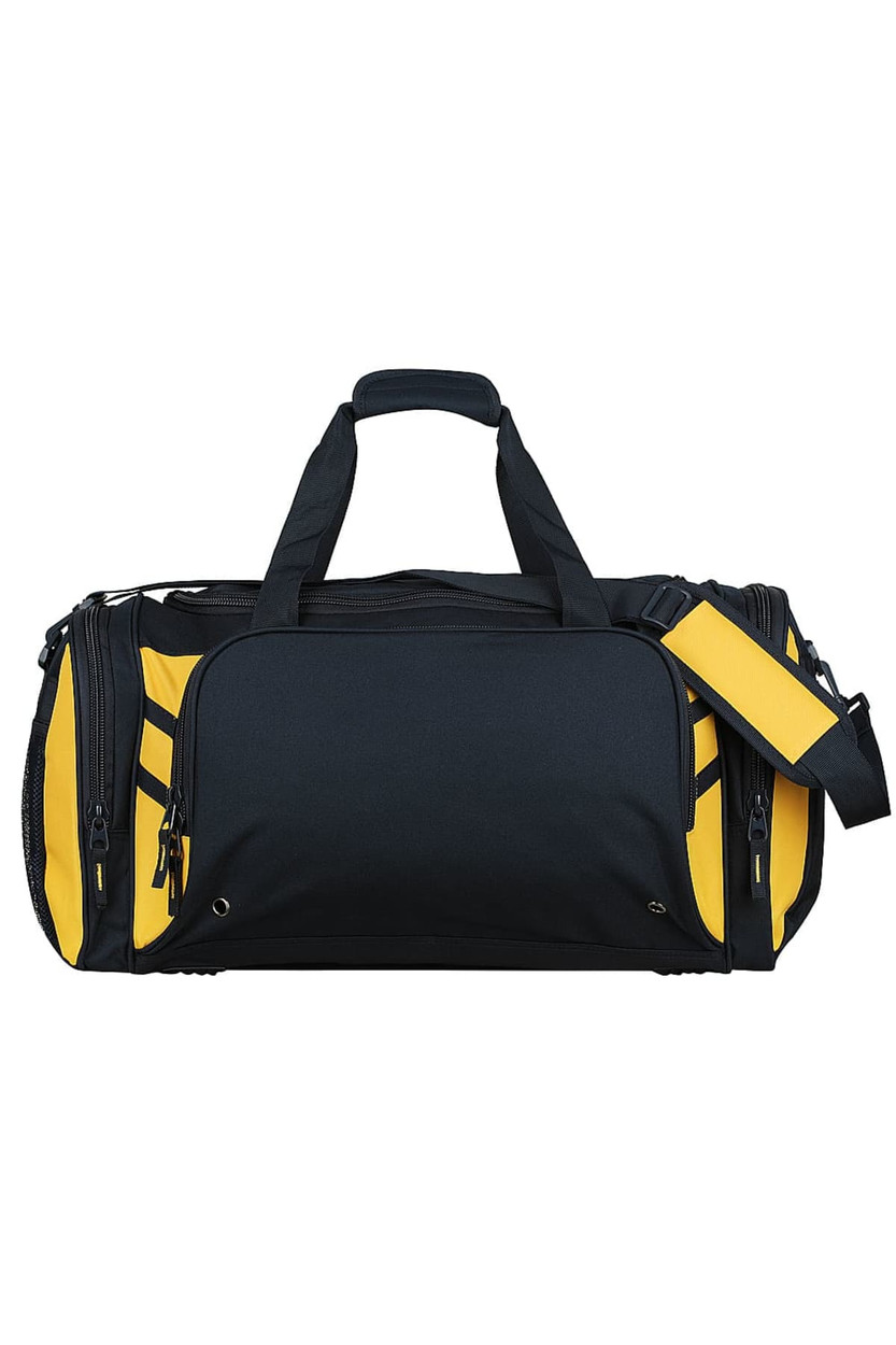 A black duffle bag with yellow accents, featuring two handles and a detachable shoulder strap, along with zippers and a logo.
