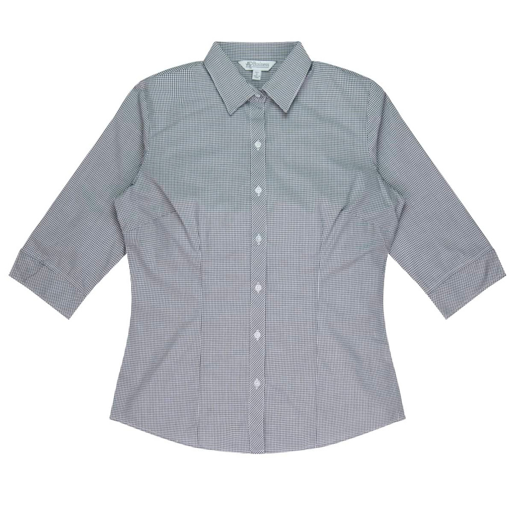 A button-up shirt featuring a grey and white check pattern with 3/4 sleeves and a collar. It has a logo on the label.