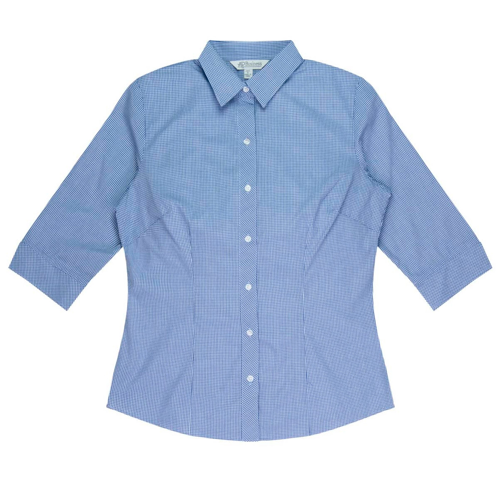 A blue and white checked button-up shirt with 3/4 sleeves and a collar. It has a logo on the chest area.