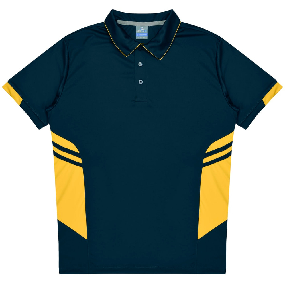 Navy blue polo shirt featuring yellow accents and stripes, with a collar and button placket. Includes a logo.