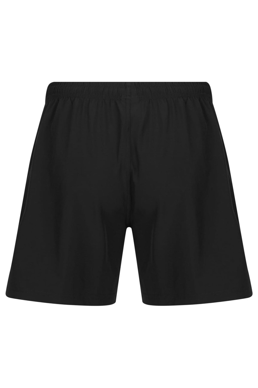 A pair of black men's training shorts featuring a comfortable elastic waistband and a simple design.