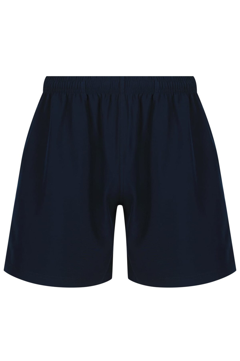 Navy blue men's sports shorts with an elastic waistband and a logo on the front. Suitable for training activities.