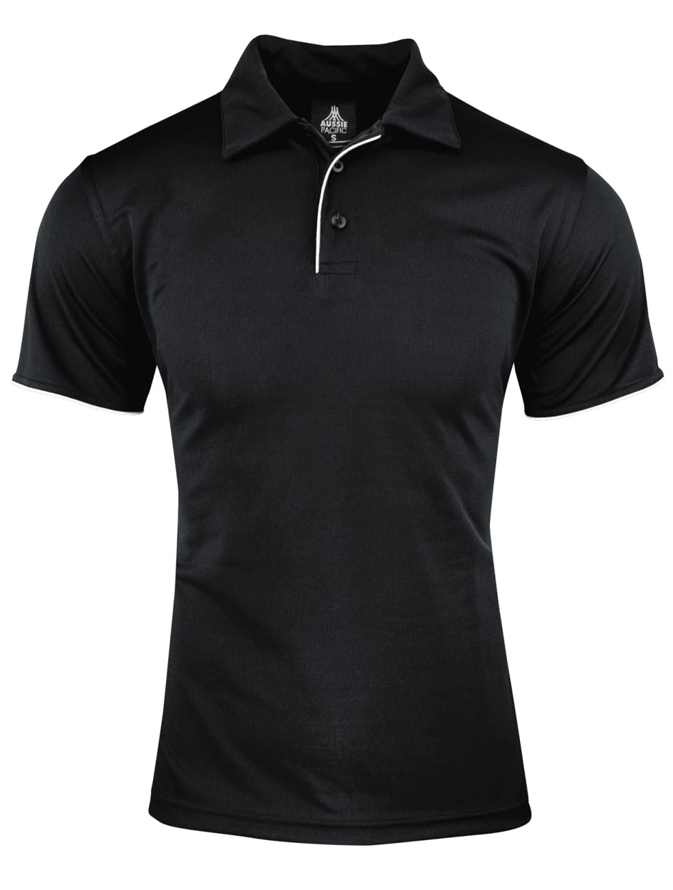 A black polo shirt with a white collar and trim, featuring a logo on the chest.