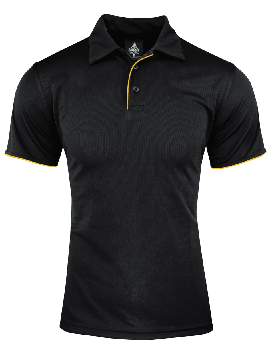 A black polo shirt featuring a yellow trim and a collar, with a logo on the label.