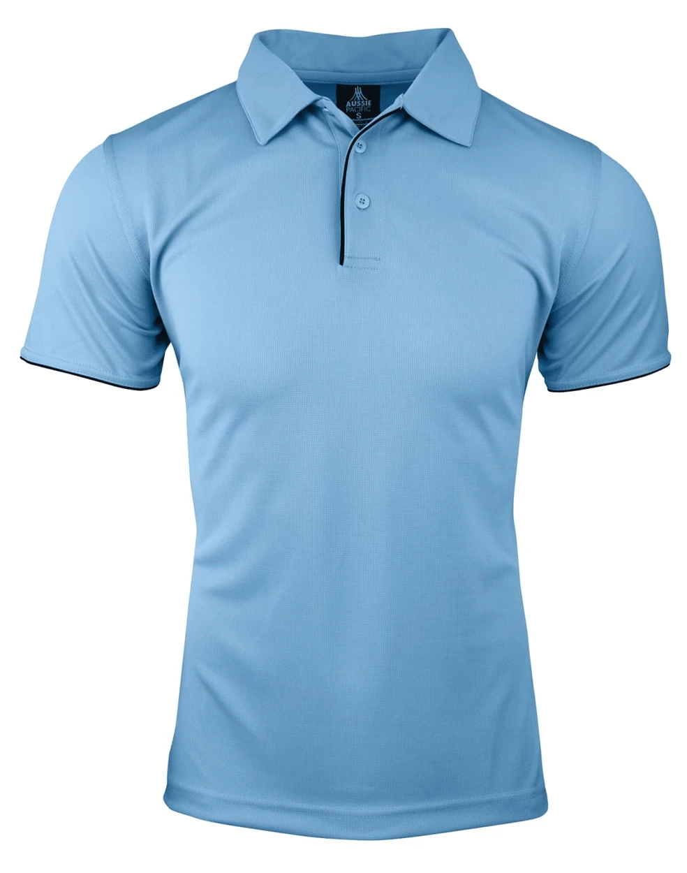 A light blue polo shirt with a collar, short sleeves, and a contrasting button placket. It features branding.