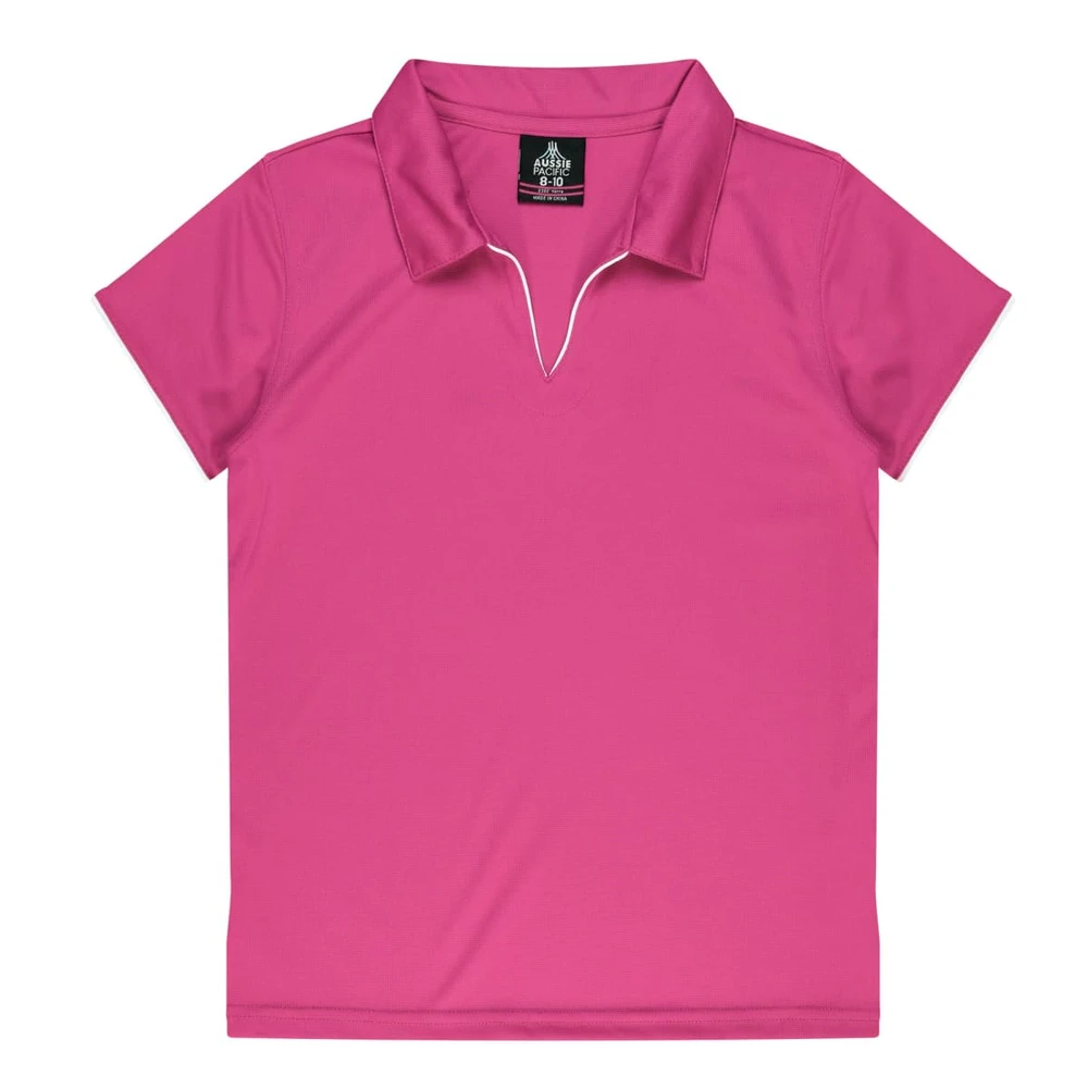 A pink polo shirt featuring a collar and a branding label on the inner neck.
