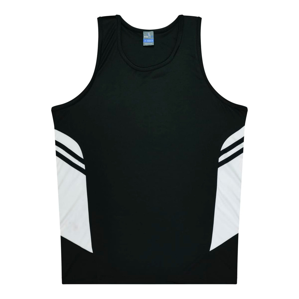 A black singlet with white accents and a logo on the front. It features a sleeveless design.